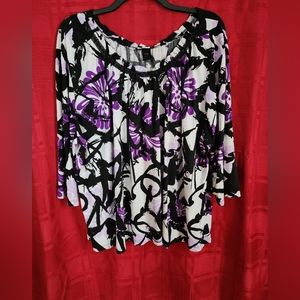 Studio 1940 Plus Size top. White, Purple, Black Floral Design